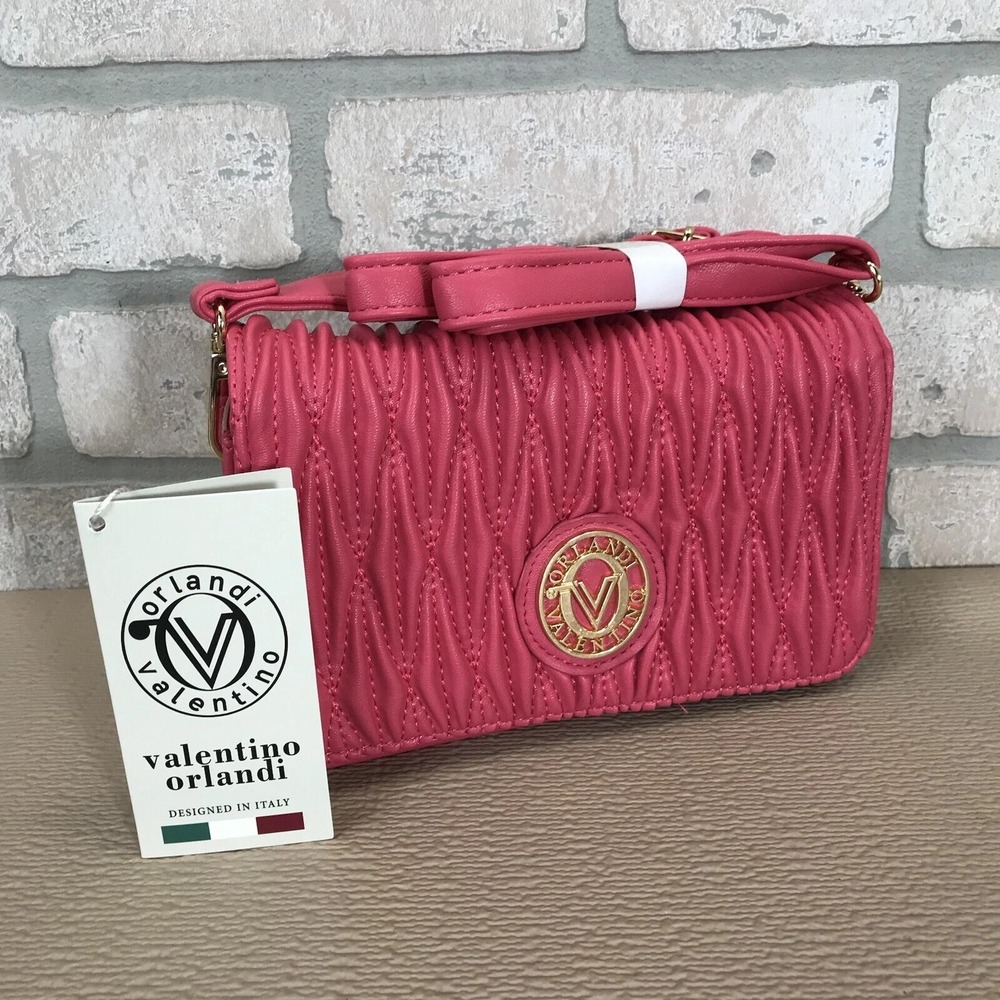 Valentino Orlandi Pink Quilted Vegan Leather Purse Crossbody Gold Logo Italy NEW